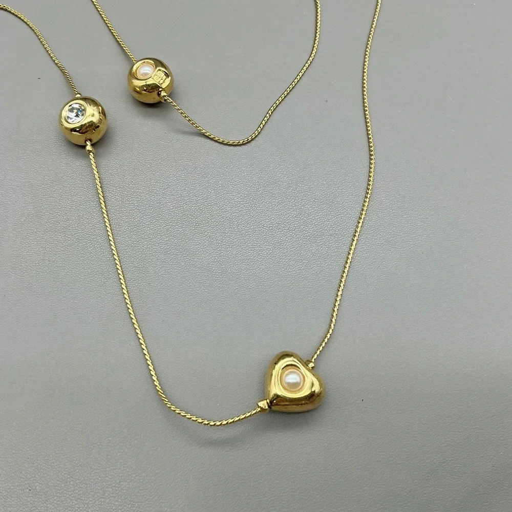 Vintage Givenchy Necklace Gold Tone Heart Faux Pearl Crystal Station 1980s 30